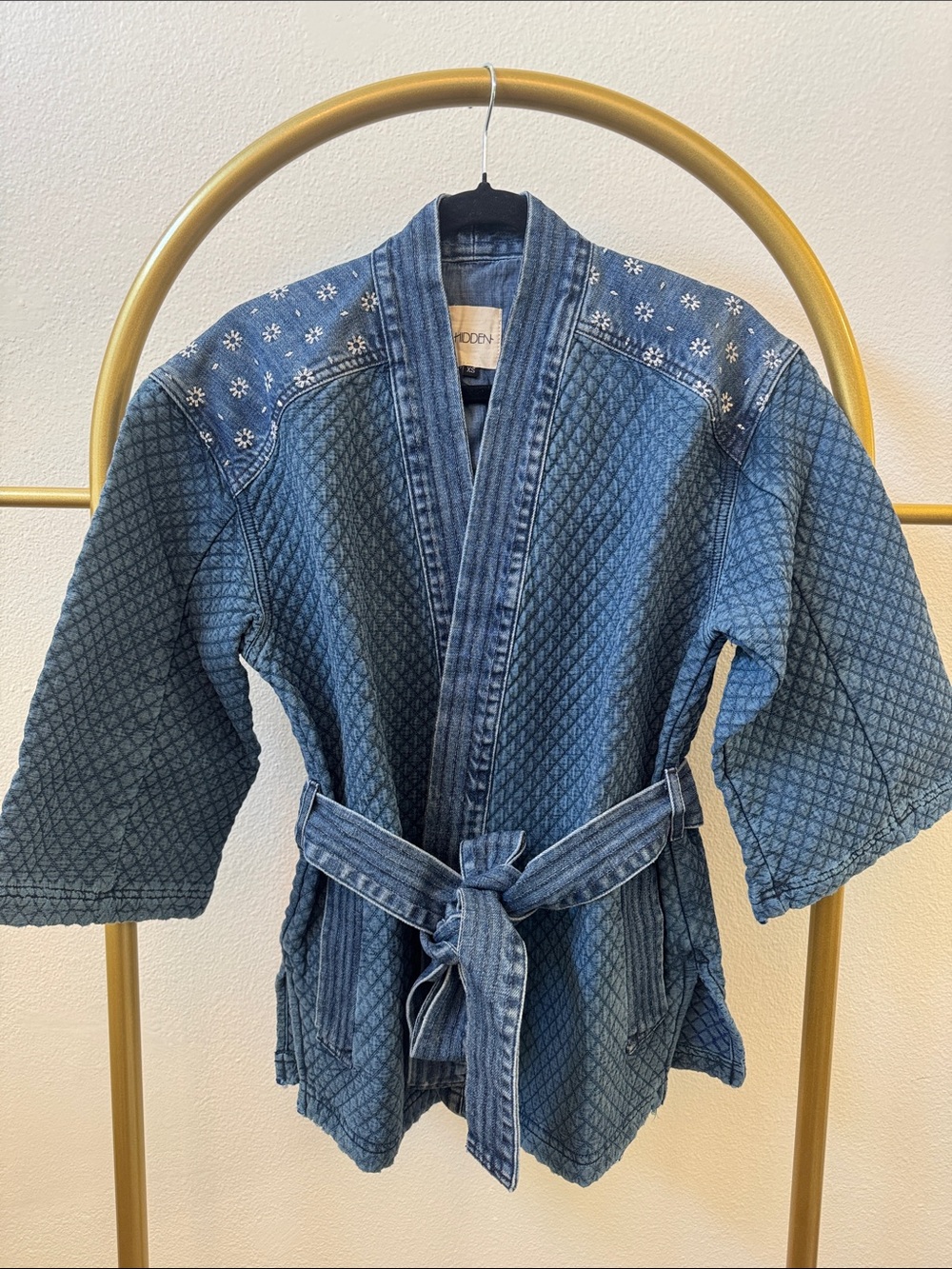 Quilted Denim Kimono Jacket with Tie Belt - Blue